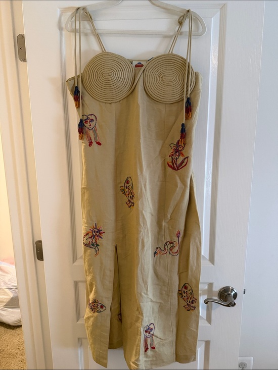 FARM Rio Dresses & Skirts - FARM Rio Beige Embroidered Midi Dress with Tassel Straps